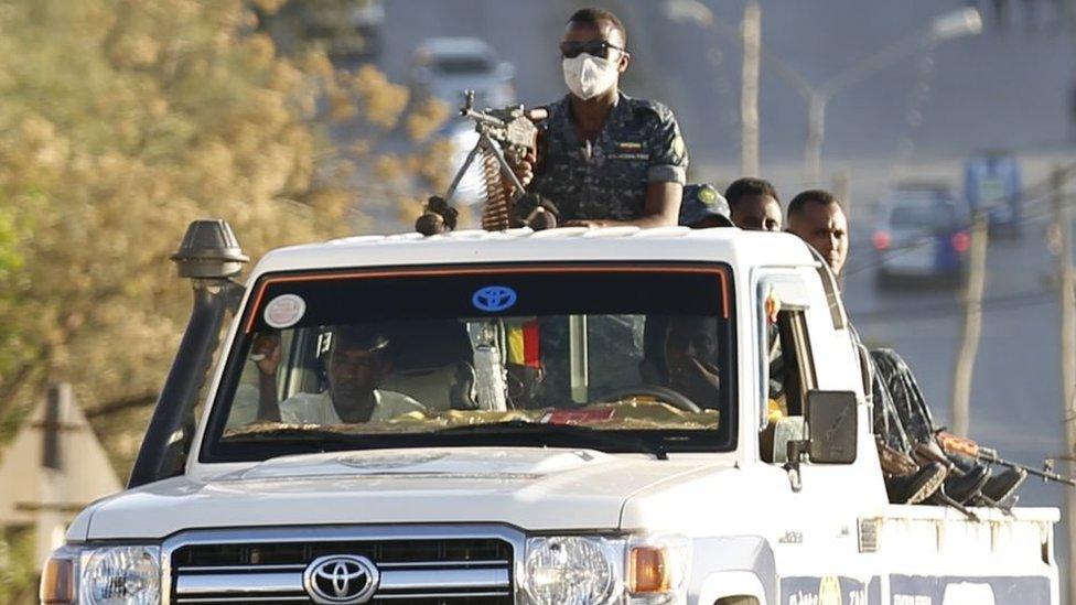 Units of Ethiopian army patrol the streets of Mekelle city of the Tigray region, in northern Ethiopia on March 07, 2021 after the city was captured with an operation towards Tigray People's Liberation Front (TPLF)