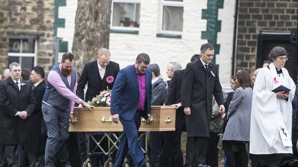 The coffin of Jodie Willsher, who was stabbed to death as she worked in a supermarket, is taken into Christ Church in Skipton ahead of her funeral.