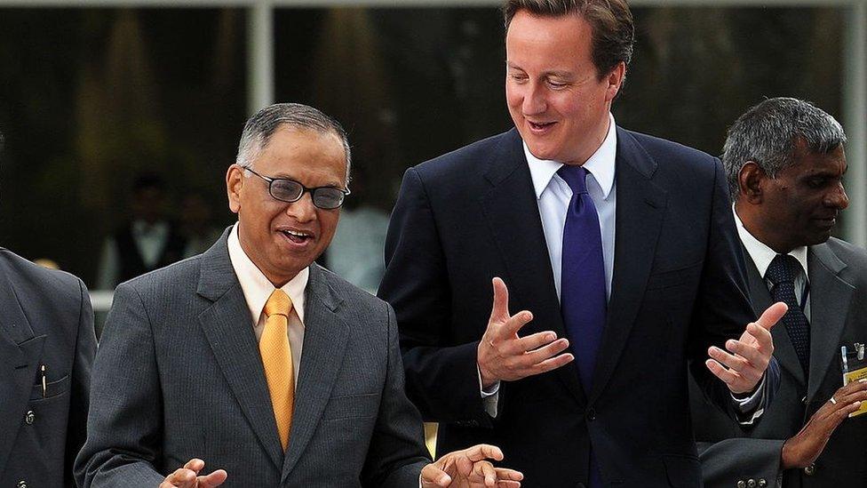 NR Narayana Murthy meets David Cameron, then British Prime Minister, at the company's base in Bangalore in 2010