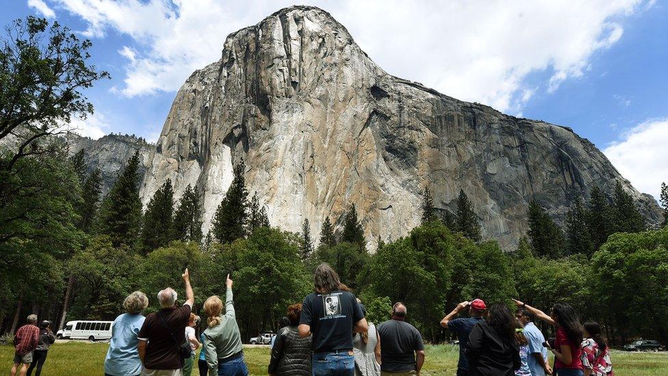 Image shows the El Capitan rock formation from ground level