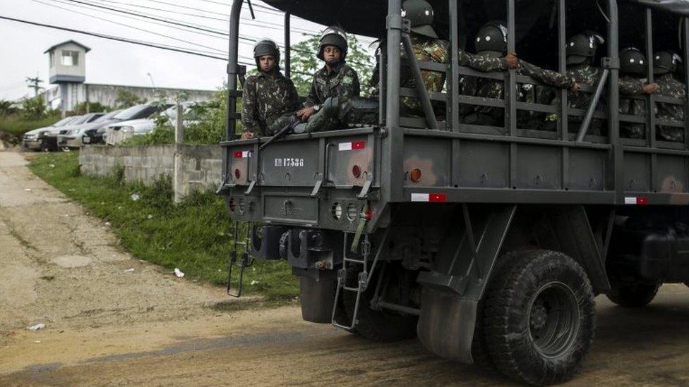 Members of the Brazilian Army continue to secure a jail where a riot on 18 February left three dead inmates in the municipality of Japeri, Rio de Janeiro, Brazil, 21 February 2018.