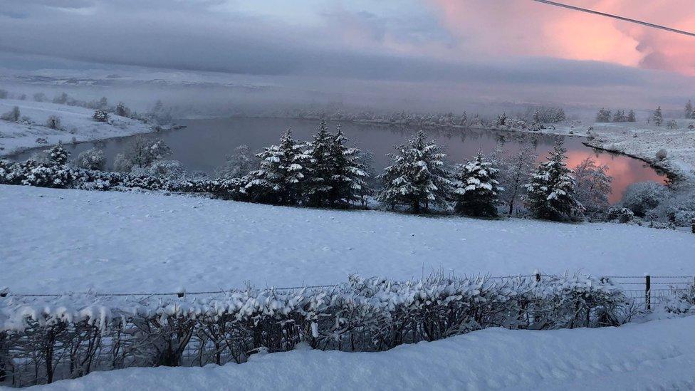 Snowy lake scene at Knocks near Lisnaskea, County Fermanagh