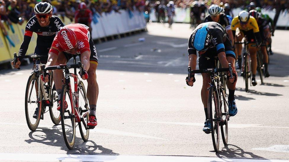 Andre Greipel (l) of Germany and Lotto-Soudal beats Elia Viviani of Italy and Team SKY to the line to win stage seven of the 2015 Tour of Britain