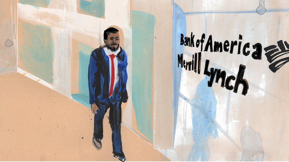 Illustration of Thupayal Hussain outside Bank of America Merrill Lynch