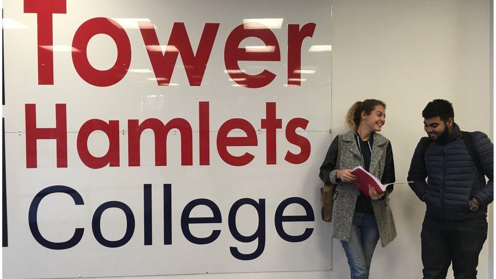 Two students stand by the entrance sign of Tower Hamlets College