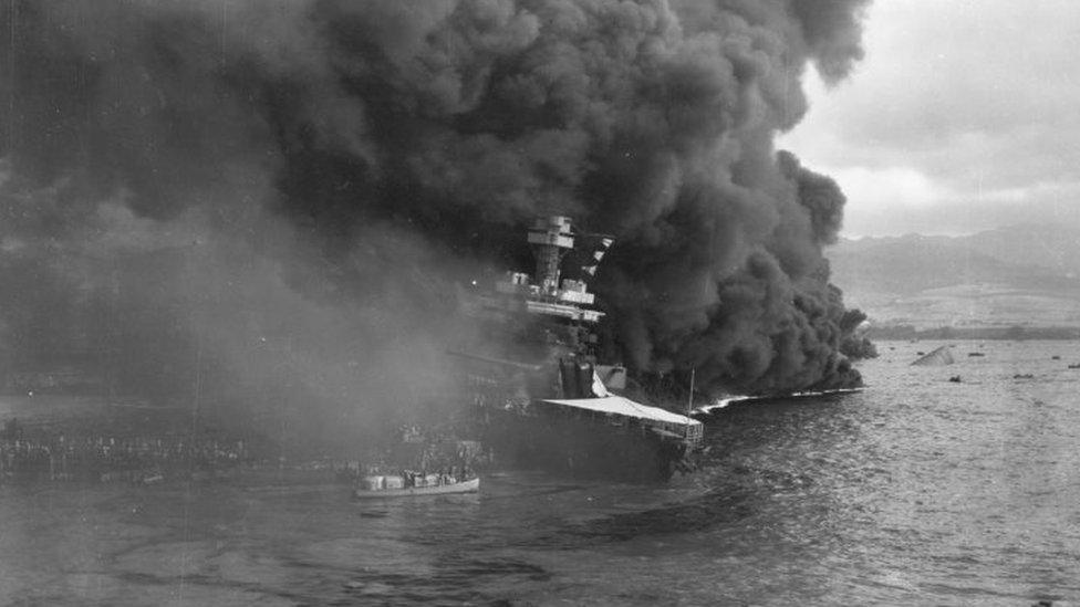 The USS California burning after the Japanese attack on Pearl Harbor (07 December 1941)