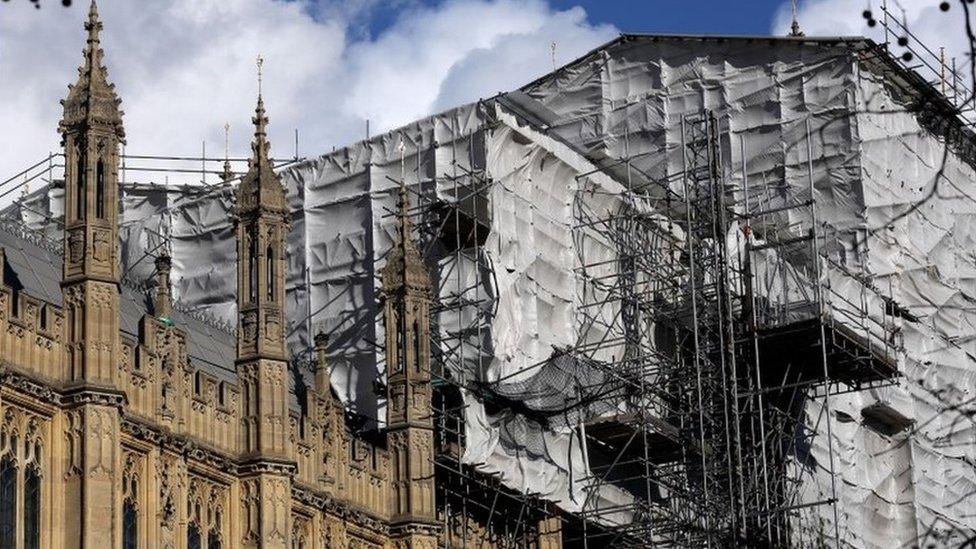 Part of Palace of Westminster under scaffolding