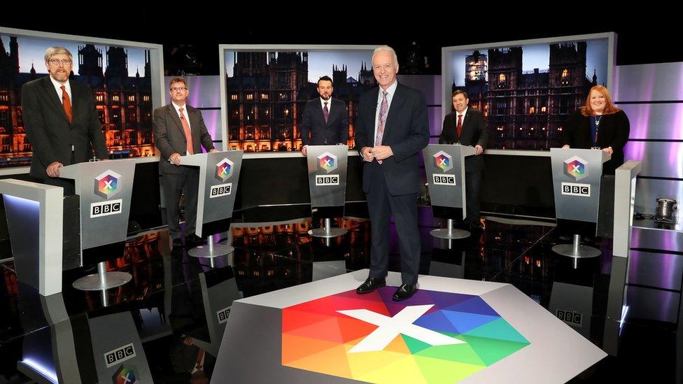 Sinn Fein's John O'Dowd, DUP's Jeffrey Donaldson, SDLP's Colum Eastwood, UUP's Robin Swann, Alliance leader Naomi Long at the leaders' debate hosted by the BBC's Noel Thompson