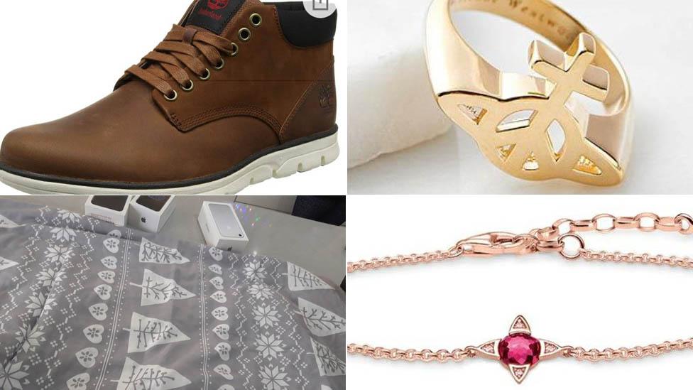 Clockwise from top right: Shoes, a ring, a necklace and iPjones taken in the burglary