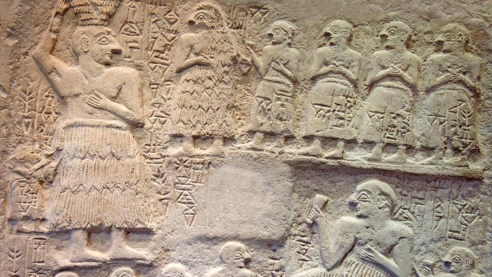 A limestone votive relief of Ur-Nanshe, the Sumerian king of Lagash (in southern Iraq). circa circa (2550–2500 BC)