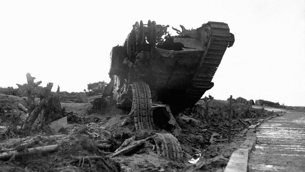 the wreckage of a British tank beside the infamous Menin Road near Ypres, Belgium