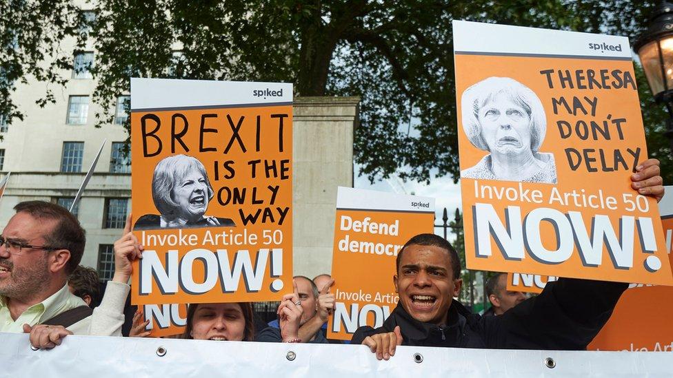 Pro-Brexit supporters hold up placards