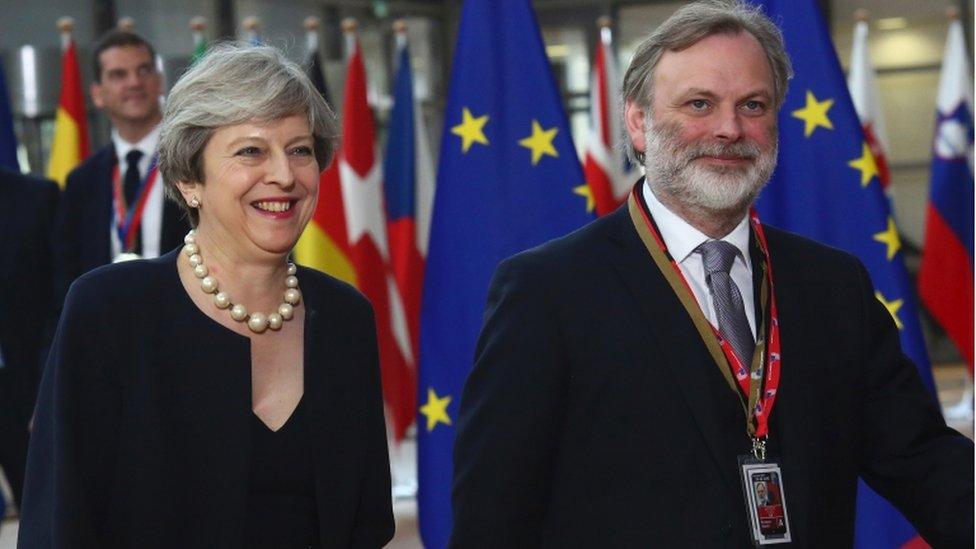 Theresa May and Sir Tim Barrow arrive