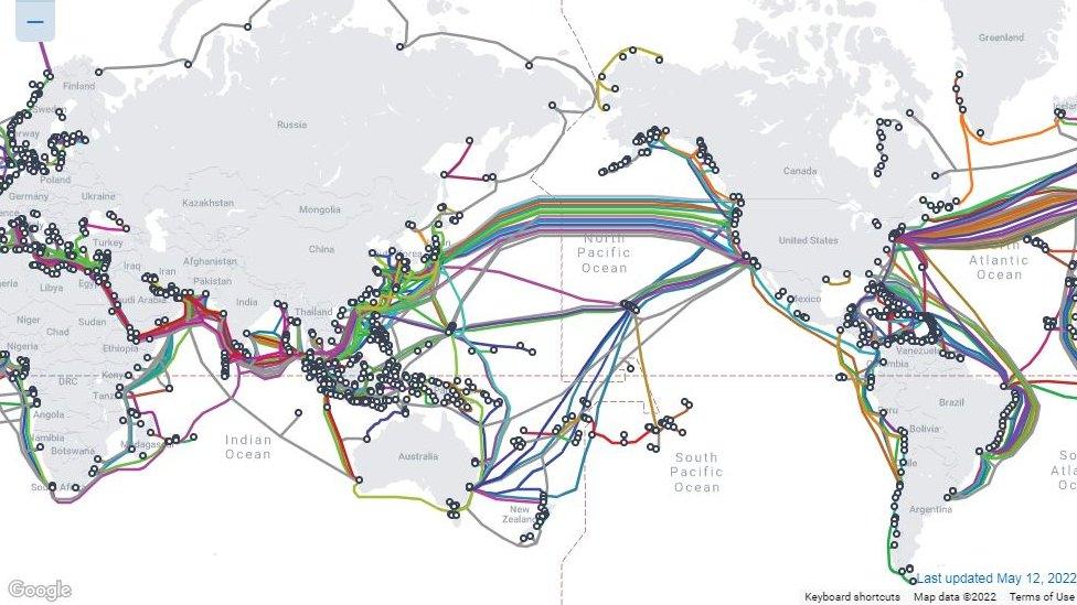 A screen grab of Telegeography's interactive map of internet cables