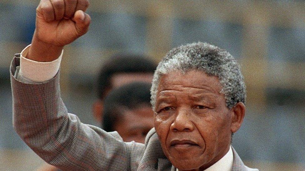 Nelson Mandela at a rally a few days after his release from prison in 1990