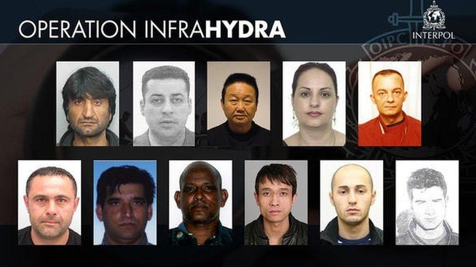 Interpol photos of 11 people from various countries accused of serious people smuggling offences