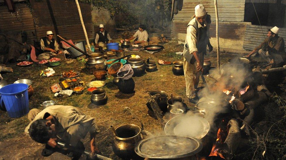 Kashmiri chef prepares mutton dish at a wedding ceremony in downtown Srinagar on September 24, 2010. W