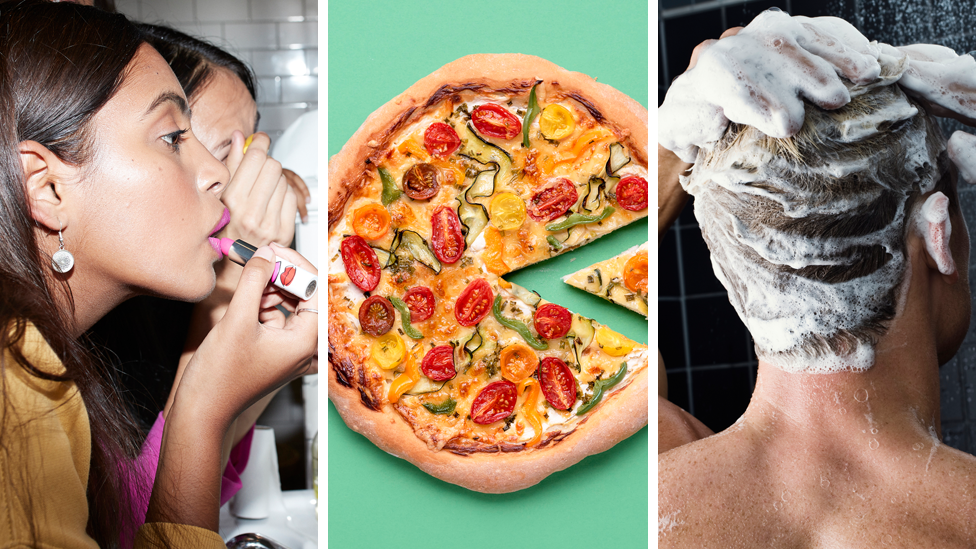 Woman applying lipstick in one image, pizza in another and shampoo in hair in the third.