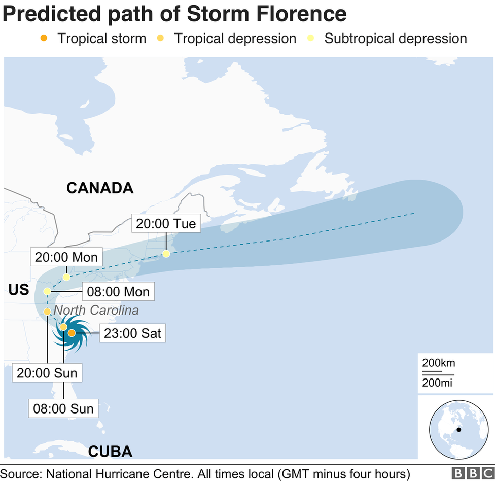 A map showing the path of Storm Florence