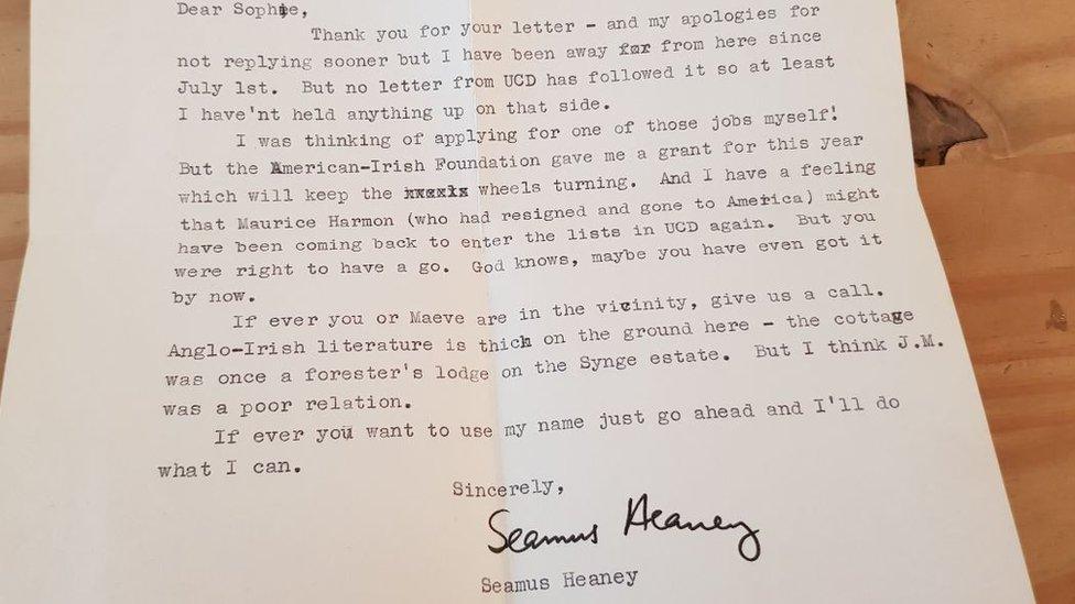 Letter from Seamus Heaney to Sophia Hillan