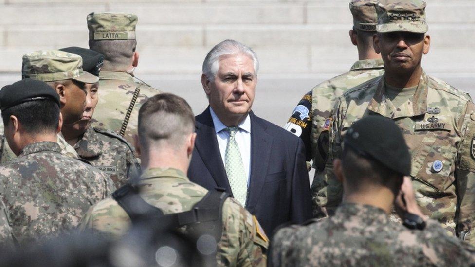 Rex Tillerson with US troops under UN command in the border village of Panmunjom, 17 March