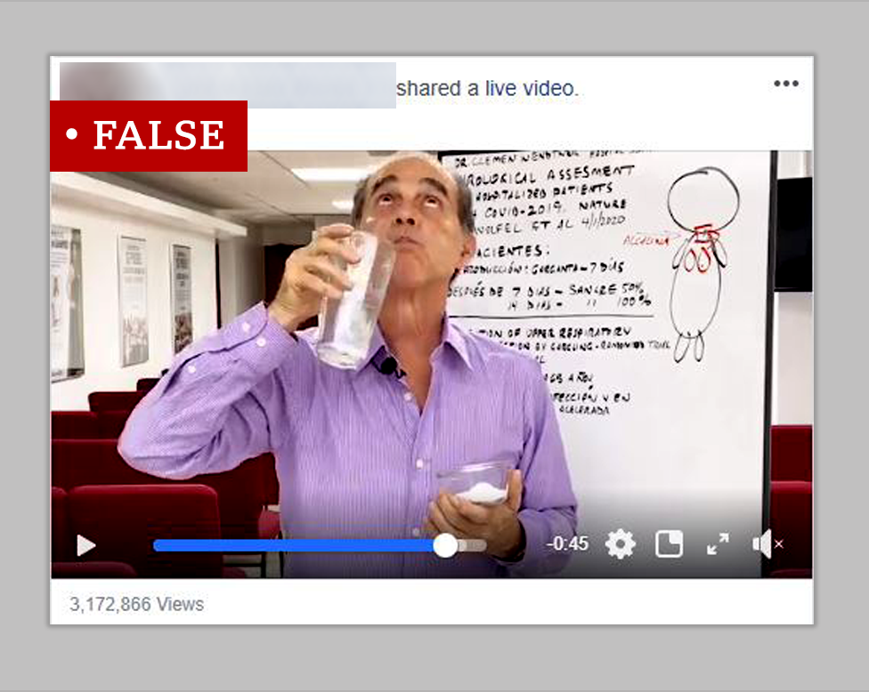 Screenshot of a video which makes a false claim about gargling salt water