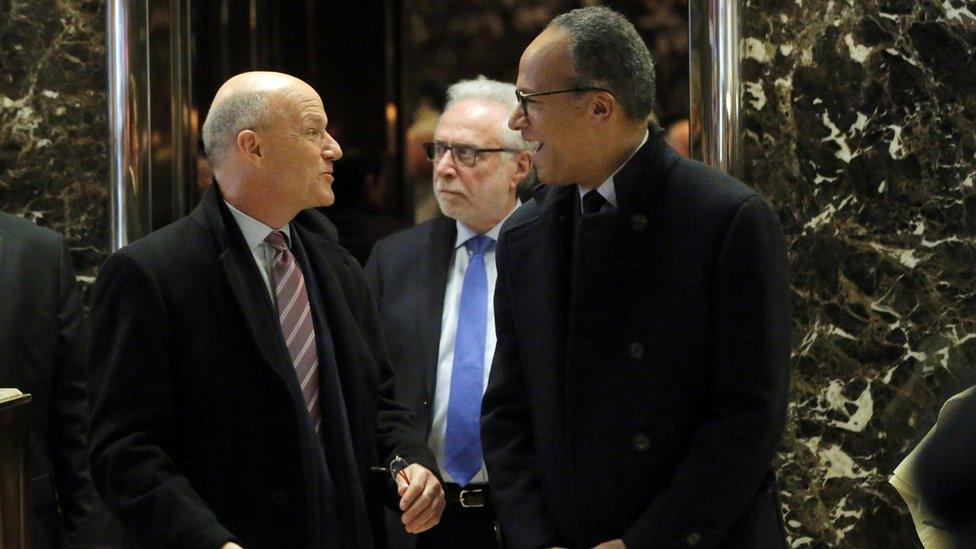 CNN hosts Lester Holt (R) and Wolf Blitzer (C) depart after meeting with U.S. President-elect Donald Trump at Trump Tower in the Manhattan borough of New York, U.S., November 21, 2016.