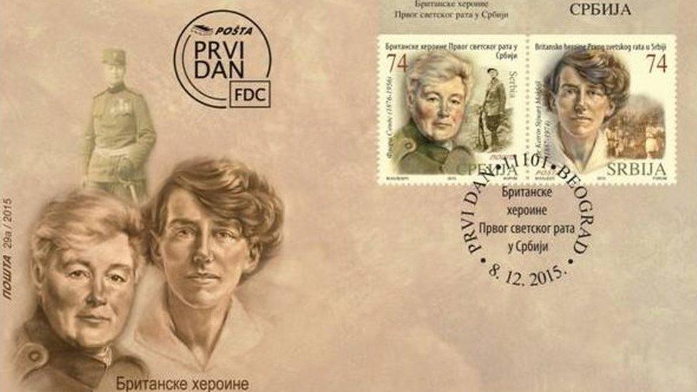 Stamps featuring Cpt Flora Sandes, Dr Katherine Stewart MacPhail, Dr Elsie Inglis, Dr Isabel Gallowey Hutton, Evelina Haverfield and Dr Elizabeth Ross