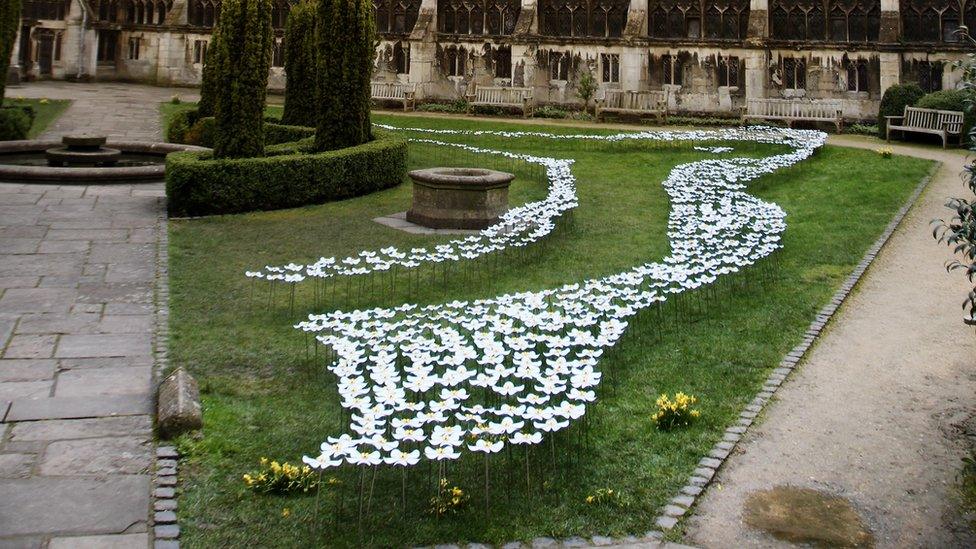 Metal Forget Me Nots at Gloucester Cathedral’s garden