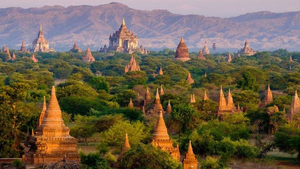 Sunrise landscape view with silhouettes of old temples, Bagan, Myanmar