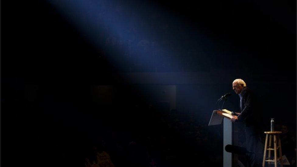 Democratic presidential candidate Sen. Bernie Sanders in a spotlight