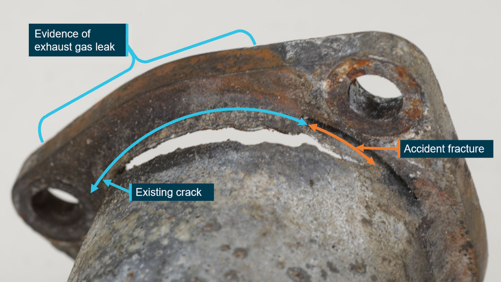 A labelled picture of a cracked engine exhaust ring