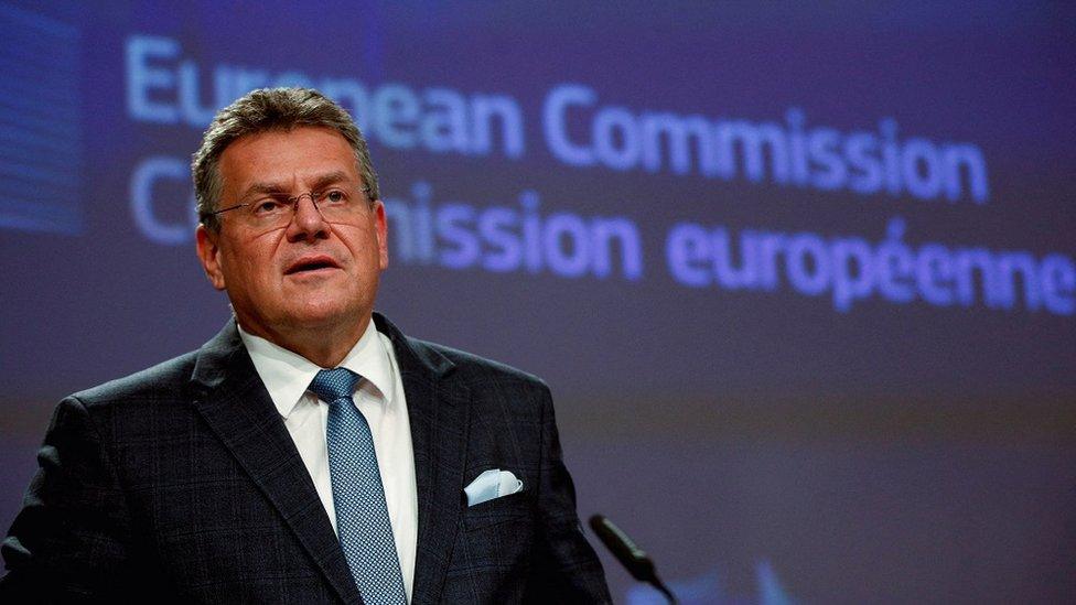 European Commission Vice-President for Interinstitutional Relations Maros Sefcovic speaks during a news conference after a meeting with British Foreign Secretary Liz Truss, in Brussels, Belgium