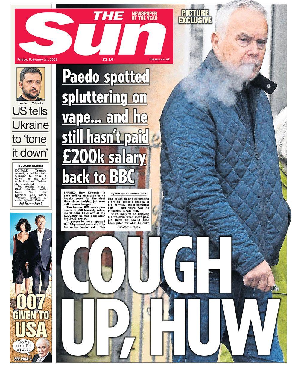 The Sun headline reads: Cough up, Huw