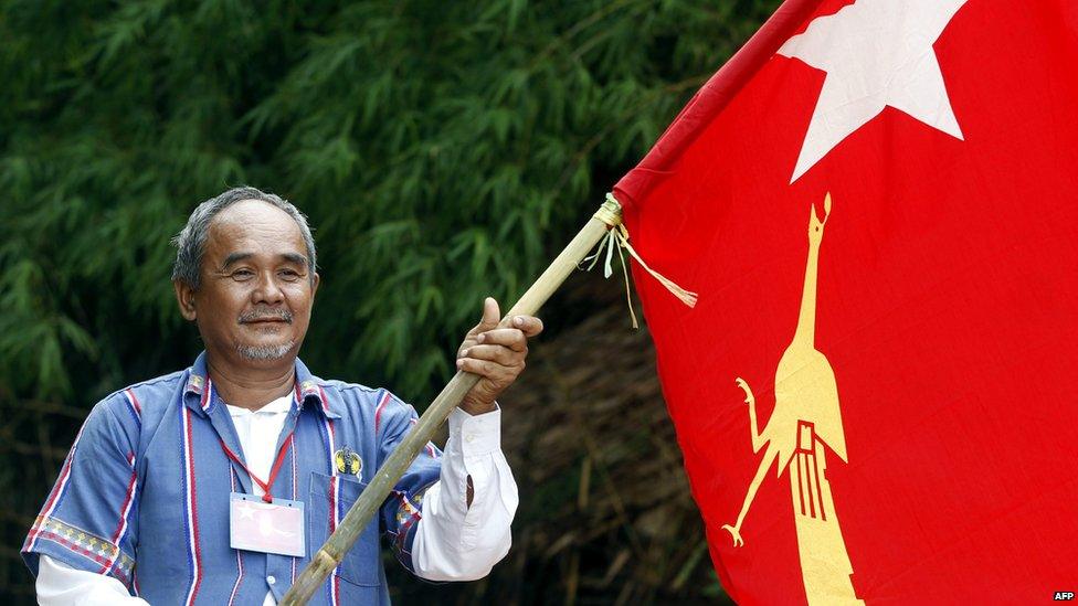 A man holds the flag of National League for Democracy (NLD) party in Kawmhu township, Yangon, Myanmar, 04 July 2015