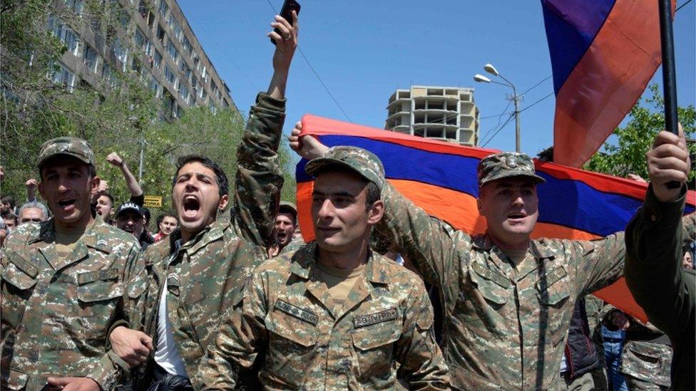 Soldiers demonstrating against the government in Yerevan.