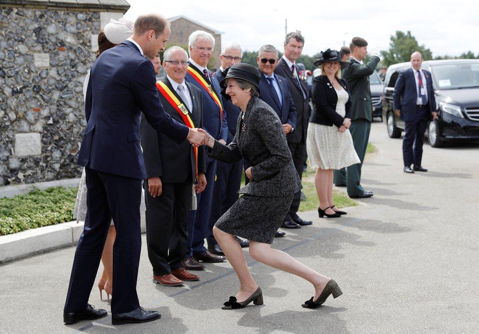 Theresa May is greeted by Catherine, Duchess of Cambridge and Prince William, Duke of Cambridge ahead of a ceremony at the Commonwealth War Graves Commission's Tyne Cot Cemetery in Ypres, Belgium