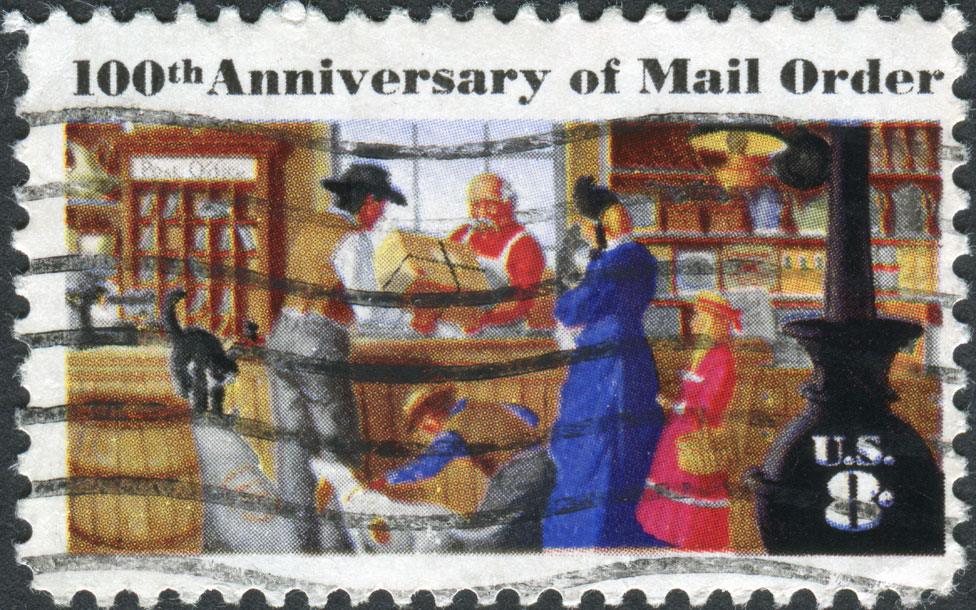 US stamp showing a rural post office to commemorate the centenary of mail order business