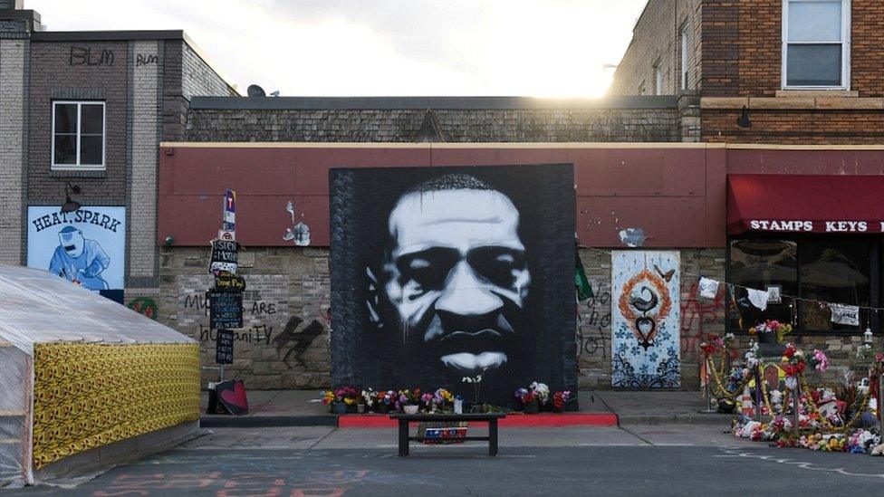 The George Floyd Square is seen the day before open statements in the trial of former police officer Derek Chauvin, who is facing murder charges in the death of George Floyd, in Minneapolis, Minnesota, on 28 March 2021