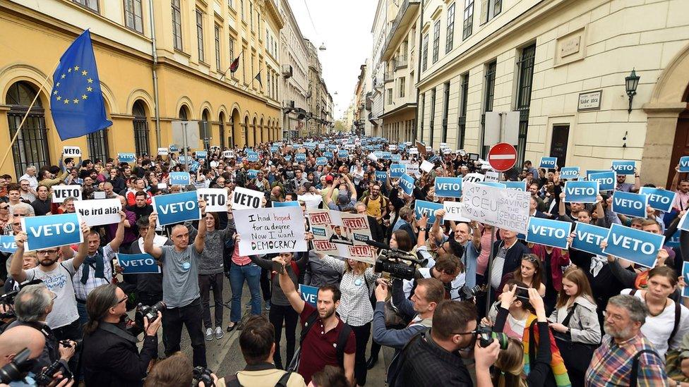 emonstrators protest against an amendment of the higher education law, seen by many as an action aiming at the closure of the Central European University, founded by Hungarian born American billionaire businessman George Soros,