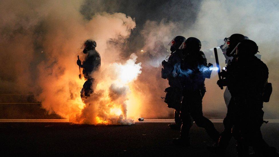 Image shows police in Portland at an anti-racism protest in September 2020