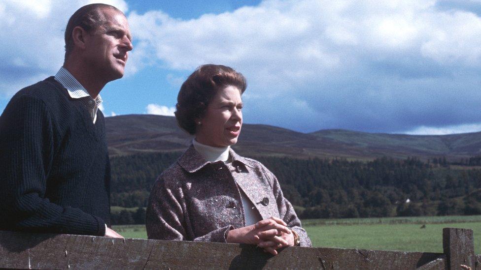 The Queen and Prince Philip enjoy the scenery at Balmoral in Scotland, Undated