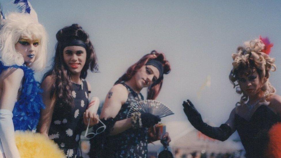 Four fabulous drag queens in Preston Park in 1997