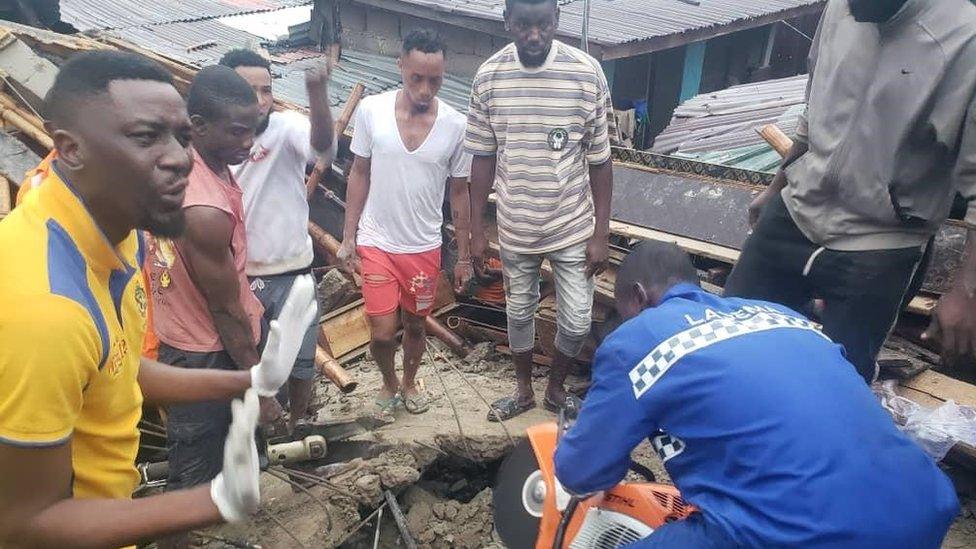 Scene around collapsed building