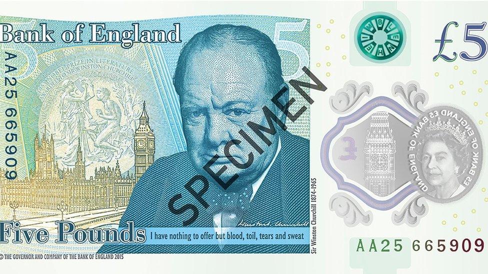 Former British Prime Minister Winston Churchill appears on the back of the new £5 banknote