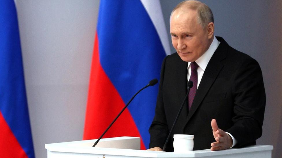 Russian President Vladimir Putin delivers an annual address to the Federal Assembly of the Russian Federation, at Moscow's Gostiny Dvor; the Federal Assembly of Russia consists of the Russian State Duma and the Russian Federation Council, in Moscow, Russia on 29 February 2024