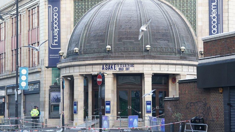 The scene outside Brixton O2 Academy, south London, after two people were killed in a crush