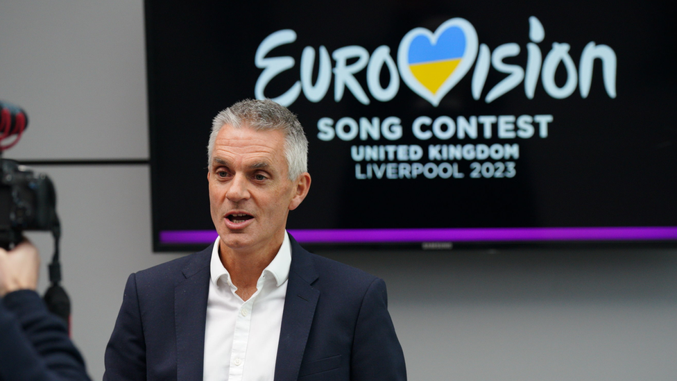 Director General of the BBC Tim Davie speaks to the media at the M&S Bank Arena in Liverpool