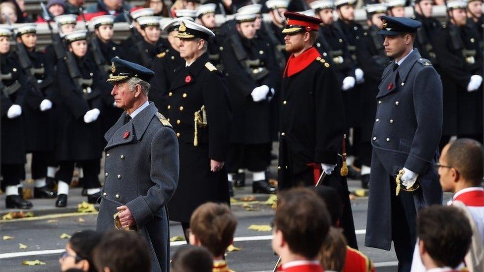 Prince Charles, Prince Andrew, Prince Harry and Prince William at the Cenotaph memorial