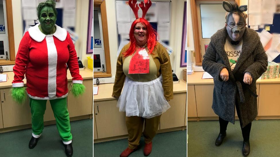 Pauline Lee as the Grinch, a reindeer and a donkey